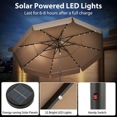 3m Solar Patio Umbrella with 32 LED Lights and 3-Tier Vented Top