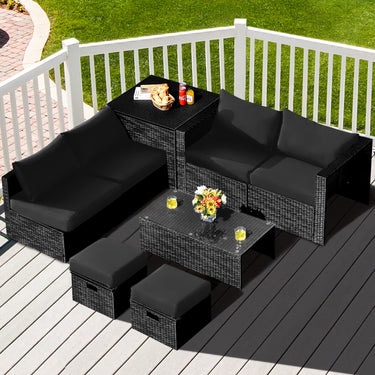 8 Piece Outdoor Patio Furniture Set, Outdoor Space-Saving PE Rattan Conversation Set with Storage Box, Tempered Glass Table