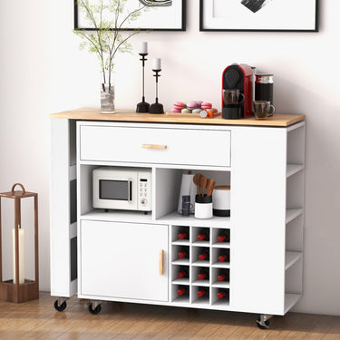 2-in-1 Reversible Mobile Kitchen Island with Rubber Wood Top and Adjustable Shelf for Dinning Room