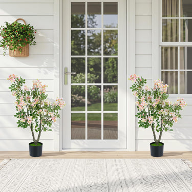 36" Artificial Impatiens Blossom Tree, Faux Pink Floral Plant in Cement-Filled Pot