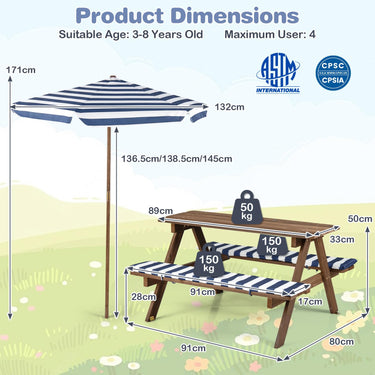 Fir Wood Toddler Outdoor Table Set w/2 Built-in Benches, Soft Seat Cushions, Removable & Adjustable Umbrella