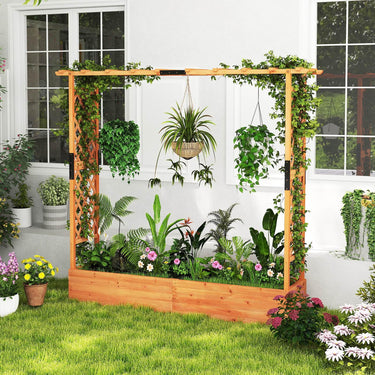 Raised Garden Bed with 2-Sided Trellis & Hanging Roof, Fir Wood Planter Box