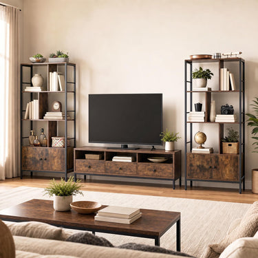 Industrial Tall Bookshelf w/ 3-Tier Shelves & 2-Door Cabinet