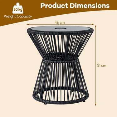Outdoor Side Table with LED Warm Light, PE Rattan Hourglass-Shaped End Table with Tempered Glass Top