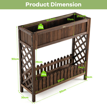 2 Tier Wooden Raised Garden Bed, Elevated Planter Bed w/Storage Shelf & Fence, Standing Plant Container Box w/Trellis