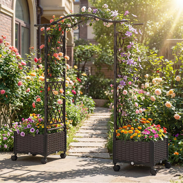 147cm Tall Self-Watering Planter Boxes with Lattice Trellis and Roof