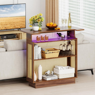 4-Tier Rattan Bar Table with 3 Stemware Racks and Heightened Base