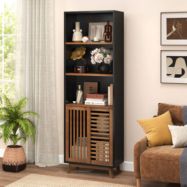 5-Tier Bookcase with Reversible Adjustable Shelf and Sliding Doors