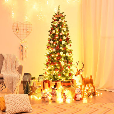 1.5/1.8/2.1m Pre-lit Pencil Christmas Tree,Artificial Hinged Fir Christmas Tree