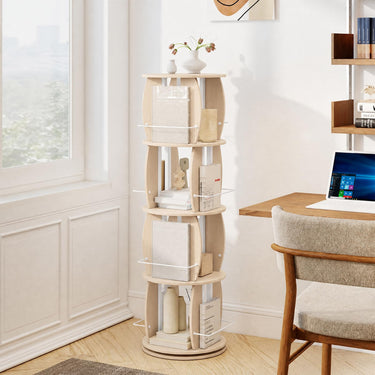 4-Tier Rotating Bookshelf Tower with Display Stands 360° Spinning Bookcase with Side Rails
