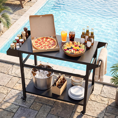 Outdoor Grill Cart with Storage, Mobile Pizza Oven Stand with 4 Casters, Side Handle