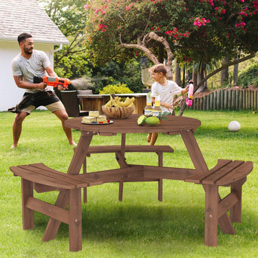 6/8-Person Round Picnic Table Set Outdoor Circular Patio Dining Camping Table w/ 3/4 Built-in Benches