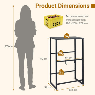 3-Tier Drink Crate Shelf, Heavy-duty Metal Storage Rack with 2 Hanging Hooks