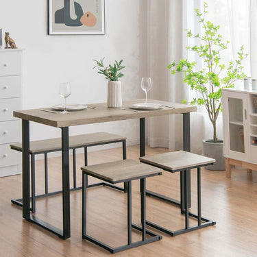 4 Piece Dining Table Set with Bench and 2 Stools for 4 Persons