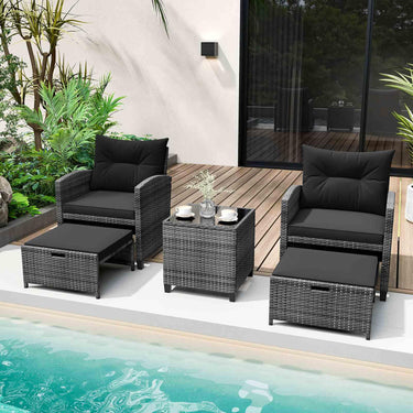 5 Piece Patio Rattan Furniture Setting with 2 Ottomans & Tempered Glass Coffee Table