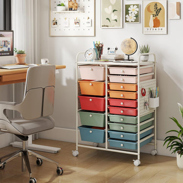 15-Drawer Rolling Cart with Pegboard and 2 Locking Brakes