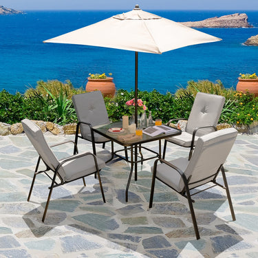 6 Pieces Patio Dining Set, Outdoor Furniture Set w/Umbrella, 87cm Square Steel Tempered Glass Table w/4.2cm Umbrella Hole