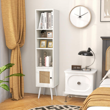 Freestanding Slim Cabinet with Rattan Door and Solid Wood Legs