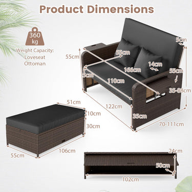 Patio Rattan Daybed, 2-Piece Loveseat & Storage Ottoman Set