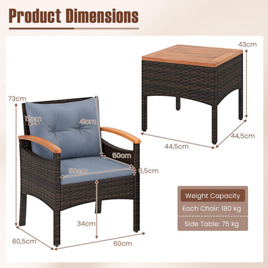 3 Pieces Patio Bistro Set, Wicker Armchairs & Side Table Set