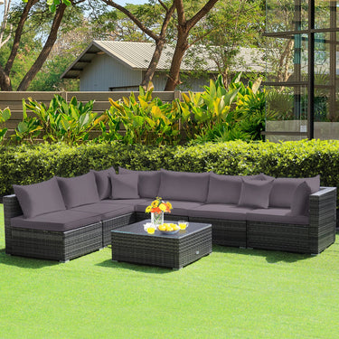 7 Piece Outdoor Sofa Set, Patio Rattan Conversation Set w/Seat & Back Cushions