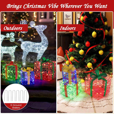 Set of 3 Christmas Lighted Gift Boxes with Pre-Made Bow & Flashing Colorful LED Lights