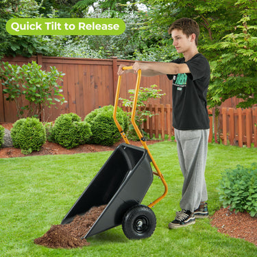 Dual-Wheel Wheelbarrow, Heavy-Duty Garden Utility Cart with Built-in Stand, Pneumatic Tires - PatiojoyAU