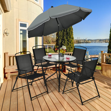 6 PCS Patio Dining Set Folding Chairs Glass Table Tilt Umbrella Garden - PatiojoyAU