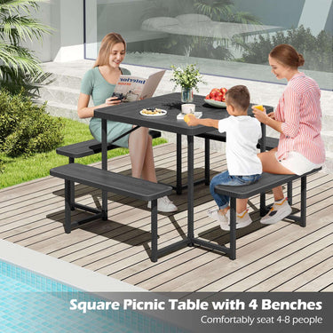 Picnic Table Bench Set for 4-8 People Outdoor Square Camping Dining Table & 4 Benches w/Umbrella Hole