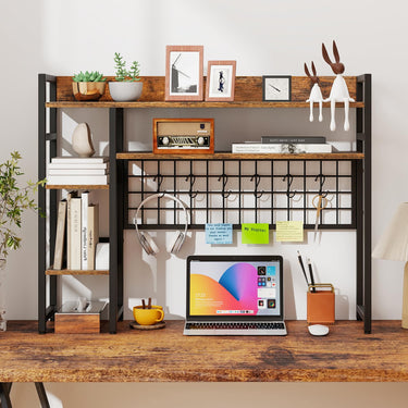 4-Tier Desk Shelf with Metal Grid Panel and 6 Hooks