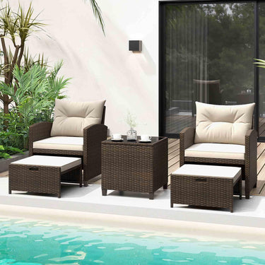 5 Piece Patio Rattan Furniture Setting with 2 Ottomans & Tempered Glass Coffee Table