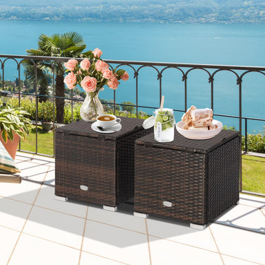 2-Pieces Patio Ottomans, Outdoor Hand-Woven PE Rattan Side Table w/Removable Cushion & Hidden Storage Space - PatiojoyAU