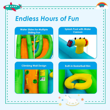 6 in 1 Inflatable Castle Water Park w/Climbing Wall, Basketball Rim