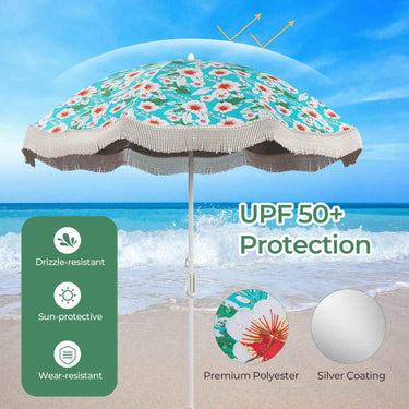 2M Beach Umbrella with Fringe, Outdoor Tassel Umbrella with Push Button Tilt - PatiojoyAU