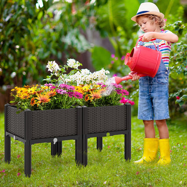 Set of 2 Raised Planter Boxes, Wicker Rattan Elevated Garden Beds