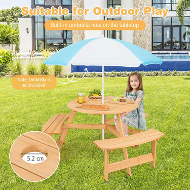 6 Person Kids Outdoor Wooden Picnic Table and Bench Set with Umbrella Hole