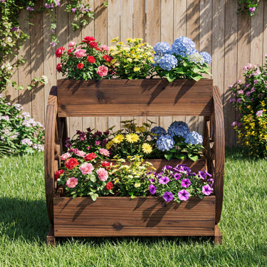 Wood Wagon Planter, 2-Tier Raised Garden Bed