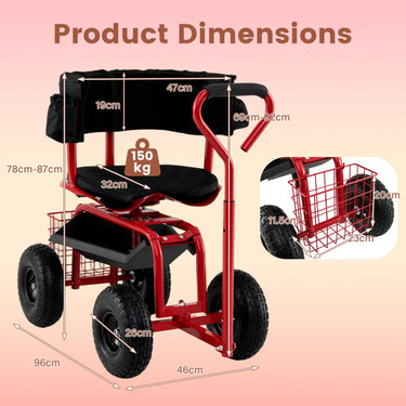 Rolling Garden Work Seat w/Wheels, Outdoor Heavy-Duty Gardening Cart