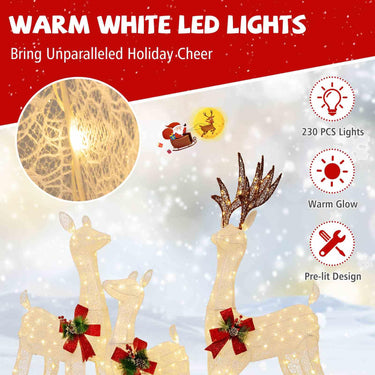 3D Lighted Christmas Reindeer Family Decoration Set of 3 with 230 Warm Color LED Lights