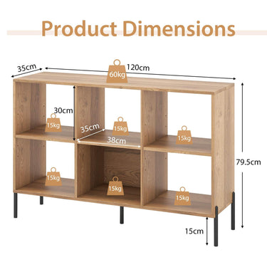 6-Cube Wooden Open Bookshelf with 5 Metal Legs