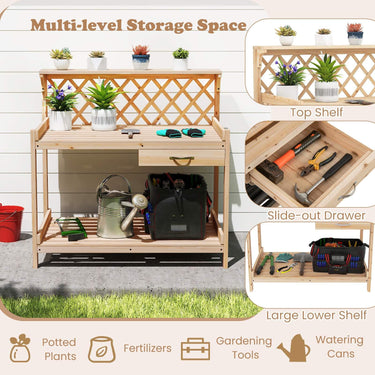 Garden Potting Bench Table, Wooden Planting Workstation w/Lattice Trellis