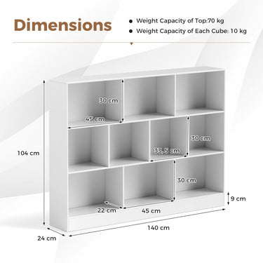 3-Tier Organizer 10-Cube Bookshelf 140CM Wood Display Shelf for Living Room