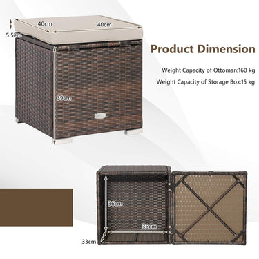 2-Pieces Patio Ottomans, Outdoor Hand-Woven PE Rattan Side Table w/Removable Cushion & Hidden Storage Space - PatiojoyAU