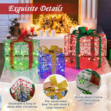 Set of 3 Christmas Lighted Gift Boxes with Pre-Made Bow & Flashing Colorful LED Lights