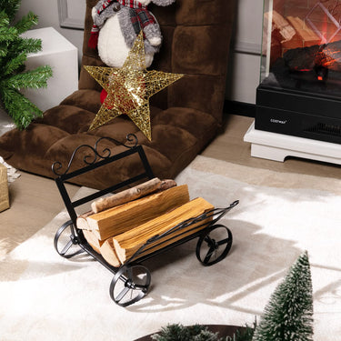 Decorative Firewood Rack, Rustproof Steel Log Storage Rack w/ 4 Wheels - PatiojoyAU