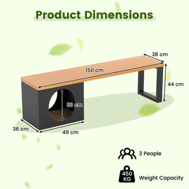 150 CM Long Outdoor Metal Bench with Cat House and 3-Person Seating