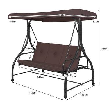 Patio Swing 3-Person Convertible Canopy Swing with Comfortable Cushion Seats