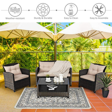 4 Pieces Outdoor Rattan Furniture Set Patio Wicker Conversation Sofa w/Chairs