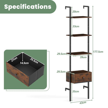 5-Tier Ladder Bookcase with Drawer Tall Wall-Mounted Bookshelf