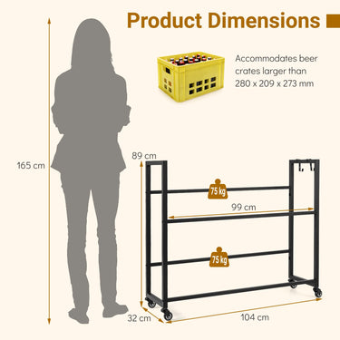 2-Tier Drink Crate Rack, Rolling Bottle Crate Shelf with 4 Universal Wheels, 2 Hooks, 2 Tilt Angles for Beer